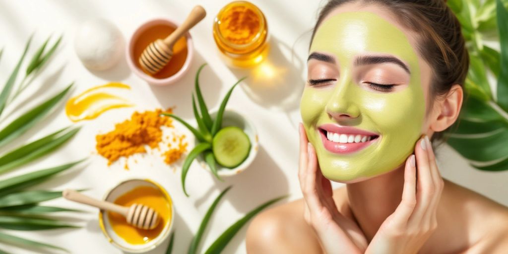 Model applying DIY face mask with natural ingredients.