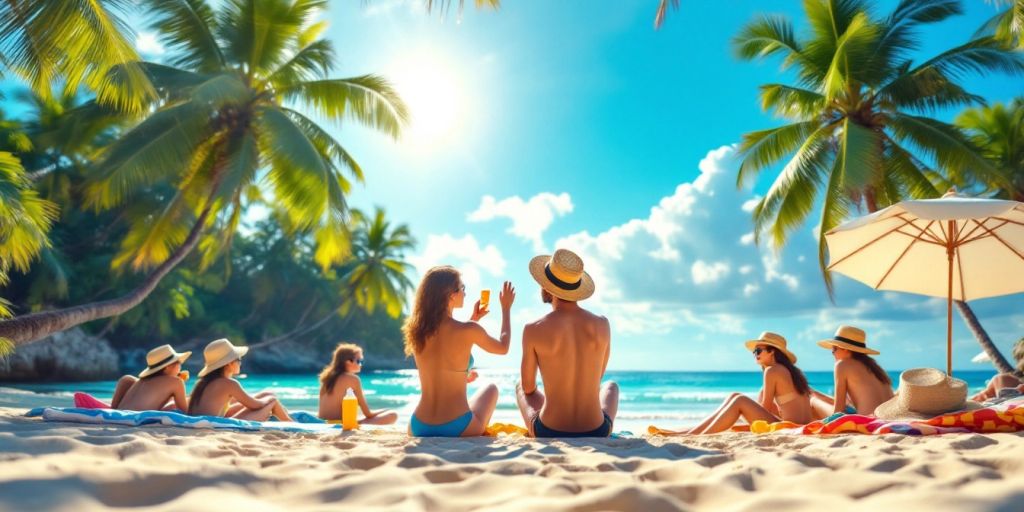 People applying sunscreen on a sunny Malaysian beach.