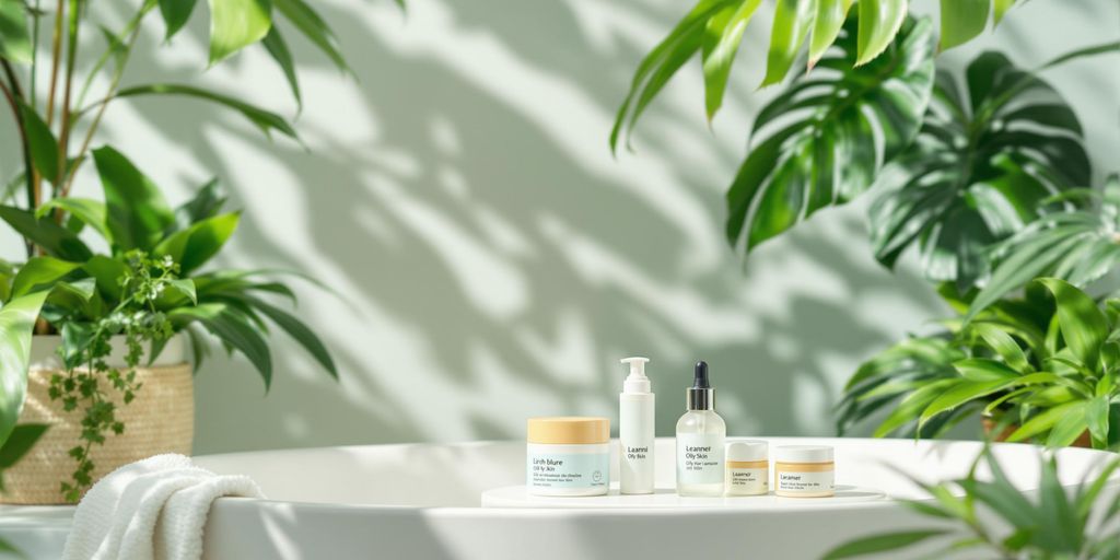 Skincare products and green plants in a serene bathroom.