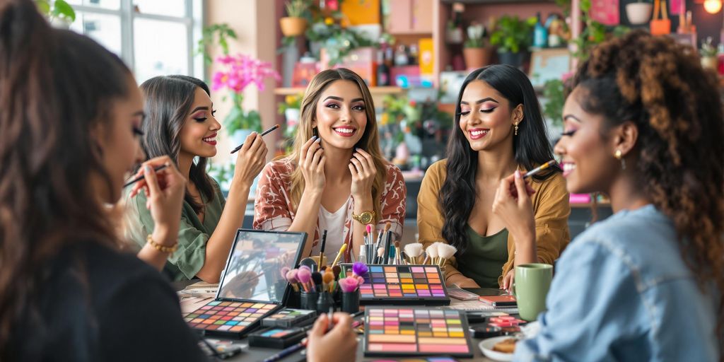 Diverse models applying makeup in a bright studio.