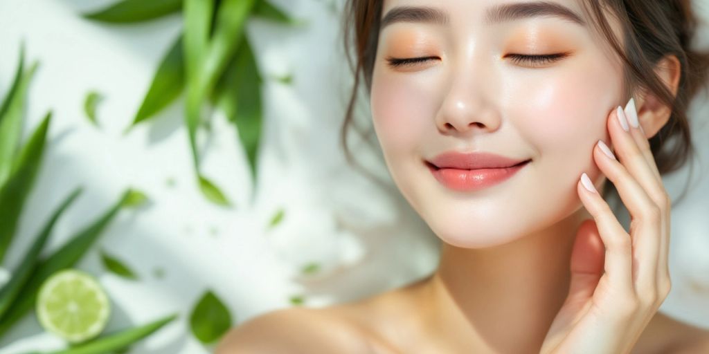 Woman applying Korean skincare with natural ingredients around her.