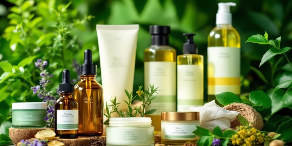 Natural skincare products arranged on a green background.